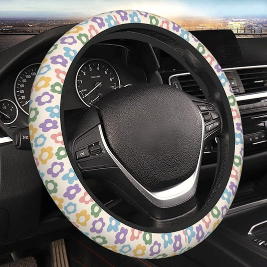Abstract Colorful Floral Flowers Steering Wheel Cover for Women, Anti-Slip Elastic Breathable Soft Rubber Car Steering Wheel Protective Cover, Universal 15 Inch Fit for Cars, Auto, SUVs