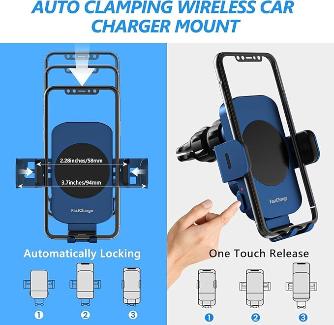 Wireless Car Charger, Fast Charging 15W Auto Clamping Car Charger Phone Holder Phone Mount for iPhone17 16 15 14 13 12 11 Pro Max Xs, Samsung Galaxy S23 Ultra S22 S21 S20 S10+ Note 9, etc(Blue)