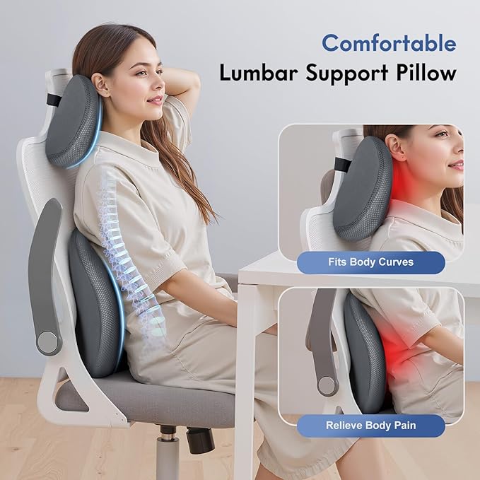 FLORICH Lumbar Support Pillow and Neck Pillow for Office Chair Car, Ergonomic Memory Foam Back Support for Office Gaming Chair Driving Seat Wheelchair, Relieves Neck, Back & Sciatica Pain – Grey