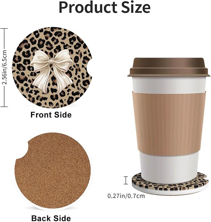 Absorbent Car Coasters for Cup Holders, 2 Pack Universal Anti Slip Ceramic Cup Coaster for Women Men 2.56 Inch Car Interior Accessories - Bow Tie Brown Leopard 007