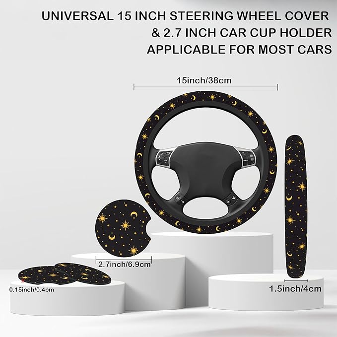 Sun Moon Star Steering Wheel Cover with 2 Pcs Car Coasters Neoprene Steering Wheel Cover for Women Men Anti-Slip Breathable Car Accessories Universal 15 Inch Fit Auto Cars Trucks