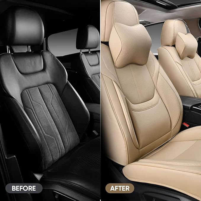 Auto Car Seat Covers Accessories Full Set Leather Cushion Protector Breathable Waterproof Seat Cover for Cars Universal Fit (Beige, Front Pair and Rear)