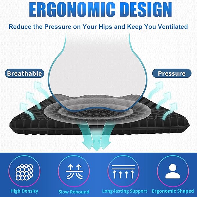 Gel Seat Cushion for Long Sitting Pressure Relief (Super Large&Thick) - Wheelchair Cushion for Pressure Sores, Coccyx, Sciatica, Back Pain Relief - Non-Slip Butt Pillow for Office, Home, Car
