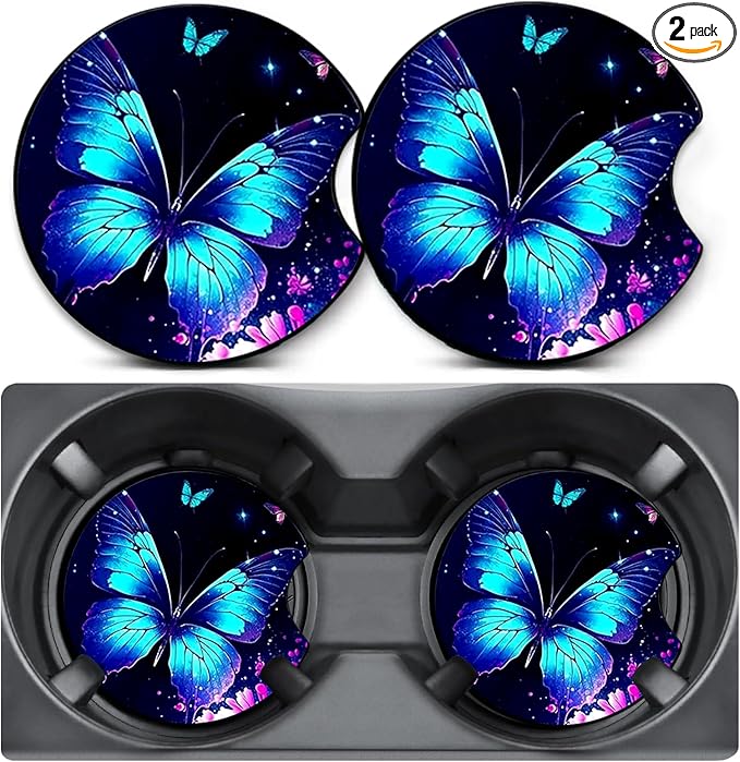 2 Pack Car Coasters for Cup Holders,Blue Butterfly Car Cup Holder Coasters,2.75" Universal Size Anti Slip Rubber Mat,Automotive Interior Accessories,Car Cup Holder Decor,Butterfly Gifts for Women Mom