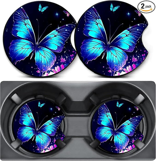 2 Pack Car Coasters for Cup Holders,Blue Butterfly Car Cup Holder Coasters,2.75" Universal Size Anti Slip Rubber Mat,Automotive Interior Accessories,Car Cup Holder Decor,Butterfly Gifts for Women Mom