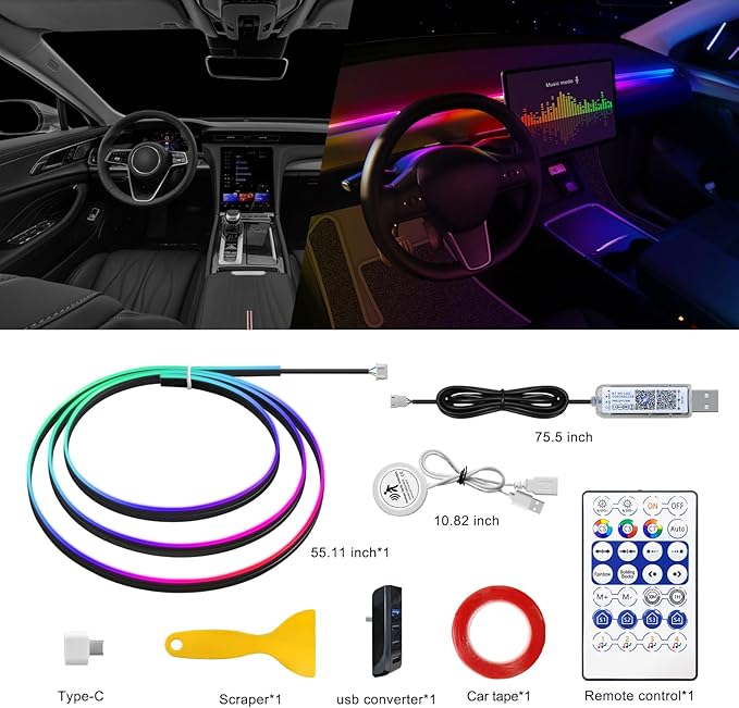 Dreamcolor Acrylic Interior Car LED Strip Light with 60S Motion Sensor Switch &USB Hub, 55.1 inches Neon LED Strip Light, RGB Colors Ambient Lighting Kits