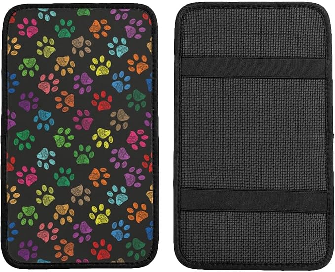 Dog Paw Prints Rainbow Colorful Foot Prints Auto Center Console Armrest Pad Universal Car Center Console Cover Seat Box Cover for Sedan, Van, SUV, Truck Car Accessorie