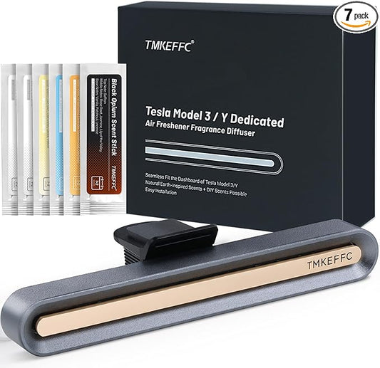 Tesla Model 3/Y Car Air Freshener – Alloy Vent Clip Diffuser with 6 Refill Fragrance Sticks (4 Scents + 2 DIY), Mini Size, Fragrance for Tesla Accessories, Gift for Drivers (Blue Silver)