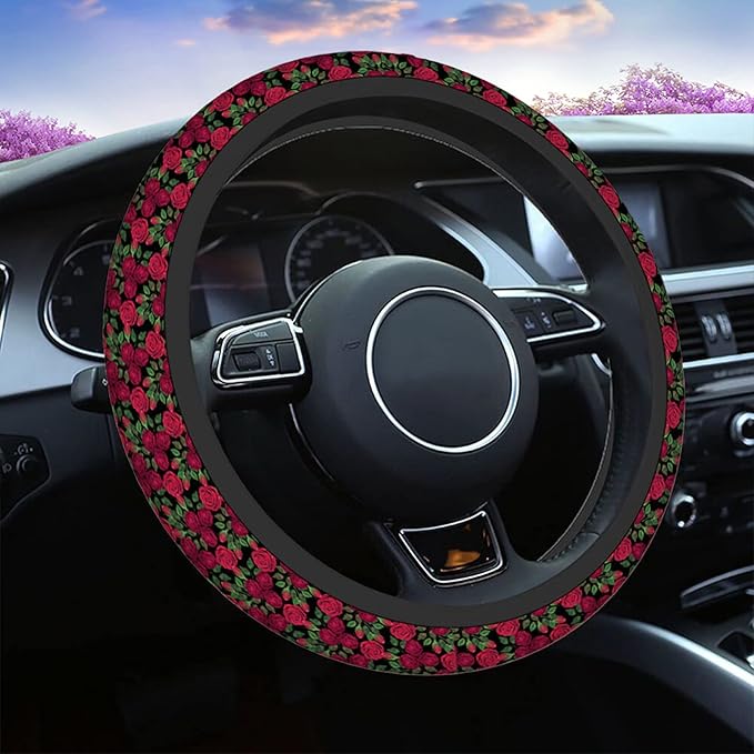 Swono Roses Red Car Steering Wheel Cover,Watercolor Red Roses with Green Leaves On The Black Safe Driving Anti-Slip Steering Wheel Covers Steering Wheel Protection Case No Smell Universal 15 Inch