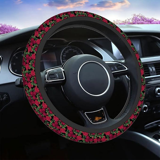 Swono Roses Red Car Steering Wheel Cover,Watercolor Red Roses with Green Leaves On The Black Safe Driving Anti-Slip Steering Wheel Covers Steering Wheel Protection Case No Smell Universal 15 Inch