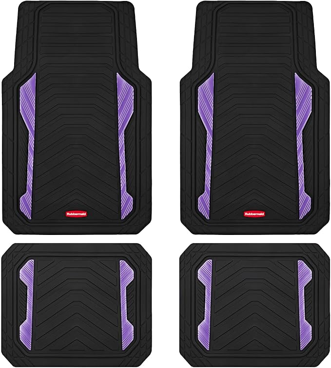 Rubbermaid Car Floor Mat, Heavy Duty All-Weather Car Mats Full Set with Dual-Tone Purple Aluminum Inserts – Universal Fit, Anti-Slip Backing, Trim-to-Fit for Most SUV, Sedan, Van