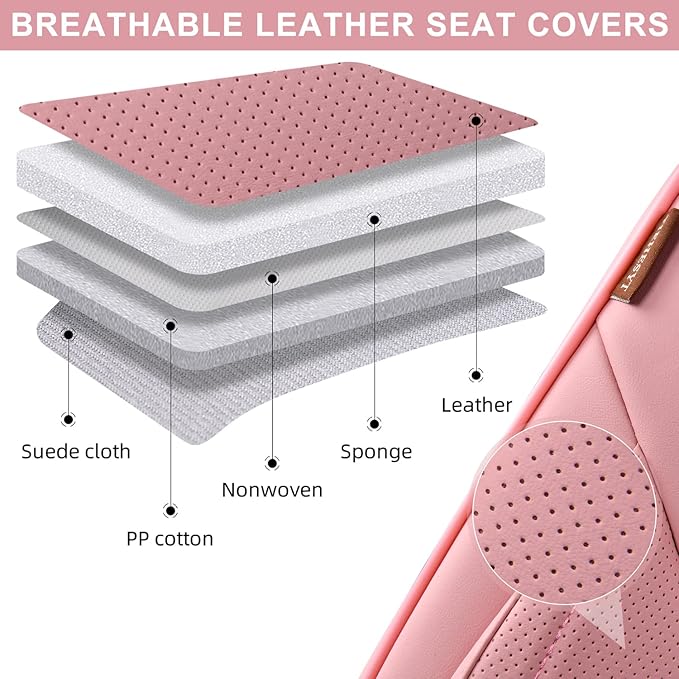 Pink Car Seat Covers Full Set, Breathable Leather Automotive Front and Rear Seat Covers with Headrest, Waterproof Auto Seat Protectors Fit for Most Sedans SUV Pick-up Truck