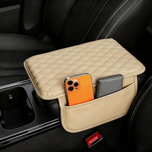 Upgraded Car Center Console Cover, Leather Armrest Cushion Pad with 2 Storage Bags, Microfiber Soft Waterproof Seat Box Cover Protector, Car Interior Decor Accessories Fit for Most Cars, Vehicles