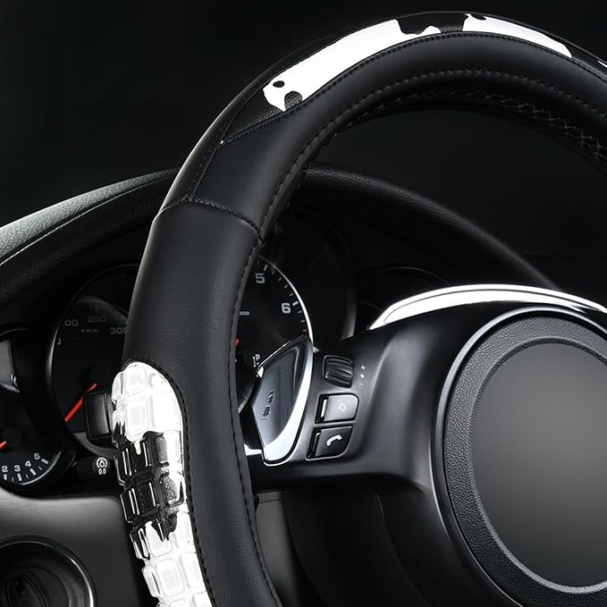 Flying Banner car Steering Wheel Cover Gel Massage Velvet Cool Warm Universal Size 15 inches SUV Truck Anti Slip Odorless Summer Winter (Black Cow Print, Gel Massage)