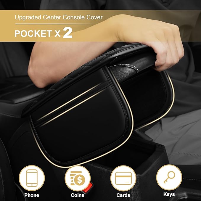 Car Armrest Cover Fit for Acura RDX Leather Center Console Cover Cushion with 2 Storage Bags(Black)