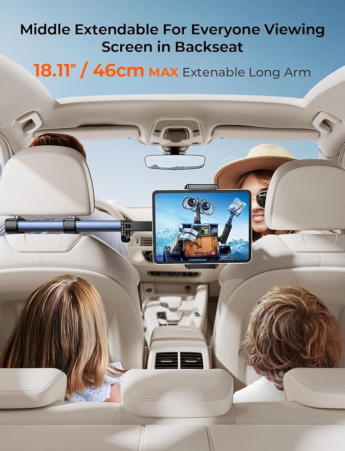 Headrest Tablet Holder for Car Accessories : [18.11-inch Long Arm] 3-in-1 Backseat Tablet Holder for Kids Road Trip Compatible with iPad Switch Smartphones & Tablets or Other 4.7-13" Devices