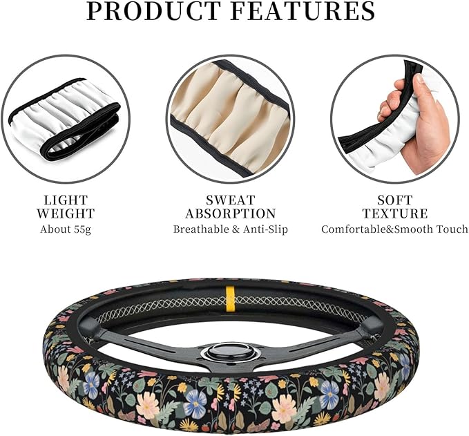 Flowers and Strawberries Steering Wheel Cover for Men Women Universal Car Accessories 15 Inch Neoprene Auto Interior Decor