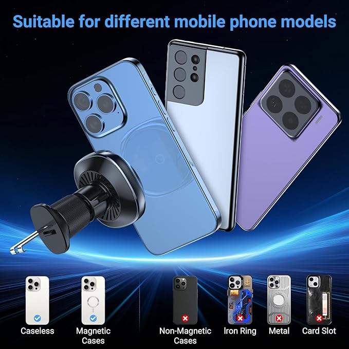 This Hill 15W Fast Magnetic Car Phone Mount - 2-in-1 Dashboard/Air Vent Mount with 360° Rotation & Secure Double Hook Clip, Compatible with MagSafe Case, iPhone, Samsung & More