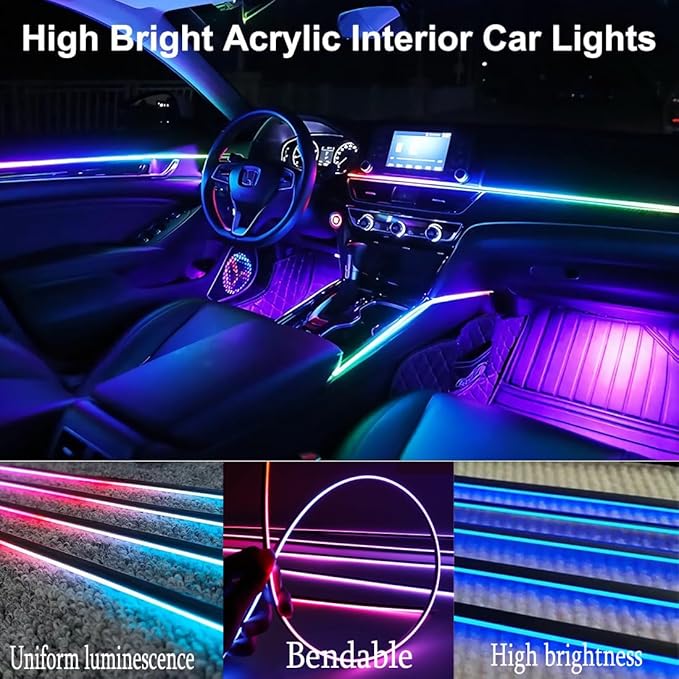 Acrylic Interior Car LED Lights with Remote and Wireless APP 10 in 1,Ambient Lighting Kits Fiber Optic Strip LEDs,16 Million Colors Music&DIY Function