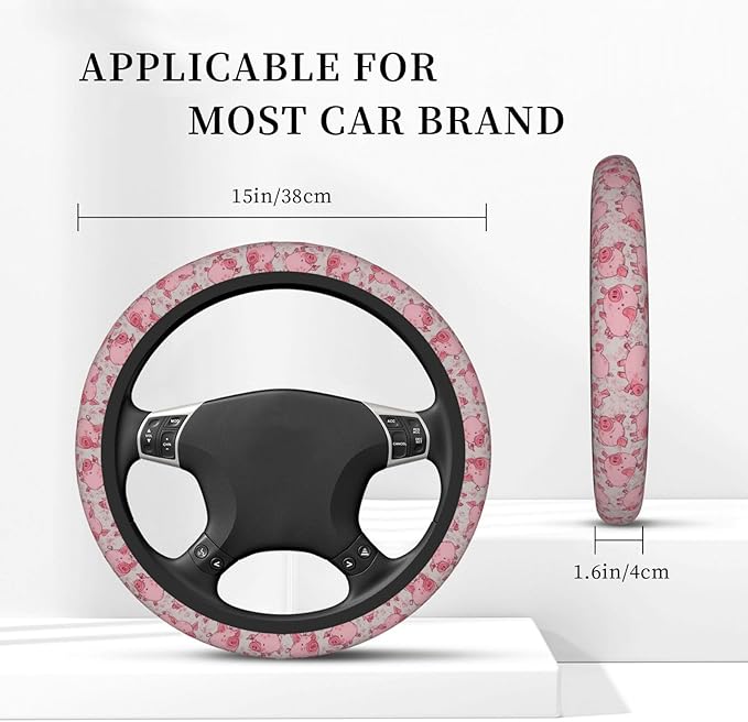 Pink Cartoon Pigs Steering Wheel Cover for Women Girls, 15 Inches Anti-Slip Steering Wheel Cover for Auto Truck SUV