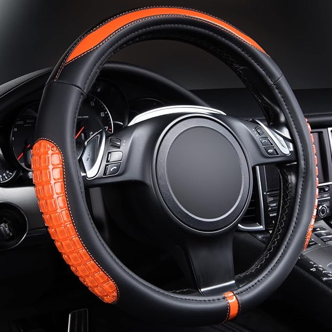 Flying Banner car Steering Wheel Cover Gel Massage Velvet Cool Warm Universal Size 15 inches SUV Truck Anti Slip Odorless Summer Winter (Black Orange, Gel Massage)