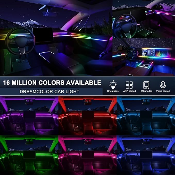 Dreamcolor Acrylic Interior Car LED Strip Light with Wireless APP, RGB 22 in 1 with 175 inches 600 LEDs Fiber Optic Car Ambient Lighting Kits, Dual Zone Sound Active Function LED Strip for Car