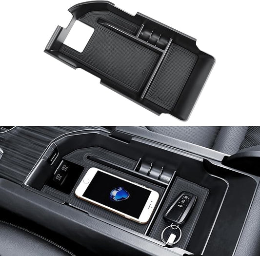 Center Console Tray Compatible with Toyota 2018-2024 Camry (Include Hybrid) Accessories with Dual USB Ports ABS Material Armrest Secondary Storage Box Black Mat