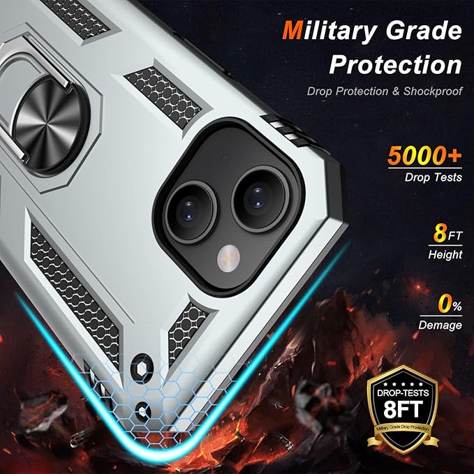 IKAZZ for iPhone 13 Case 6.1 Inch with Screen Protector,Military Grade Shockproof Heavy Duty Protective Phone Cover Pass 16ft Drop Test with Magnetic Kickstand Car Mount Holder,Silver