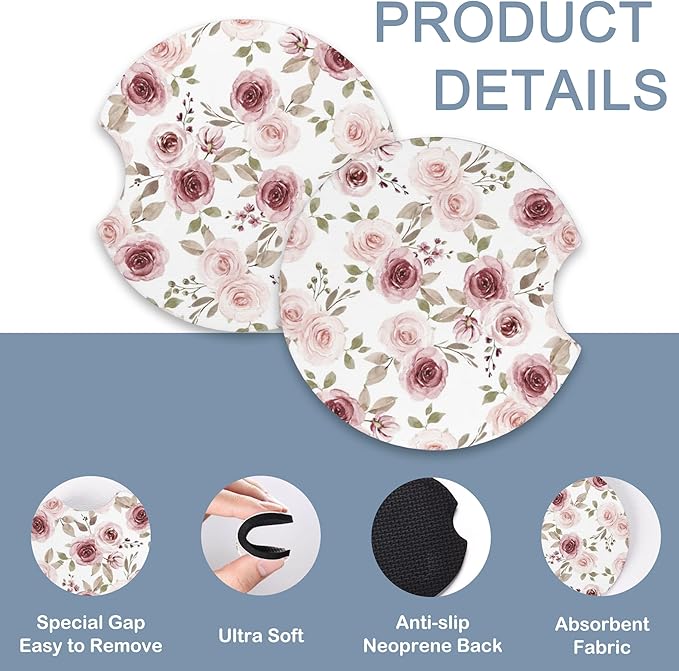 Watercolor Pink Flowers and Burgundy Roses Car Steering Wheel Cover for Women Men with 2 Pcs Car Coasters,Universal 15Inch Steering Wheel Covers Anti-Slip and Practical Auto Accessories Fit Auto,Suvs