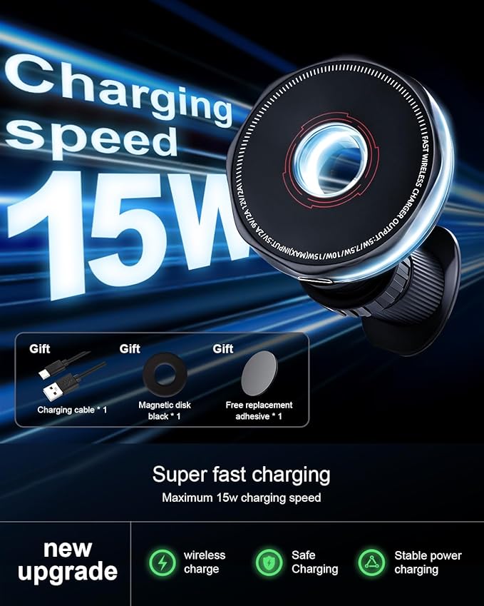 Wireless Car Charger 15W Cell Phone Car Mount, Dashboard/Vent Magnetic Mount for iPhone 16 Pro Max 15 14 13 & Samsung/Android, 360° Rotation Car Phone Holder