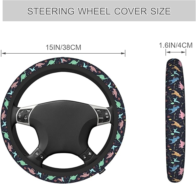 Dinosaur Steering Wheel Covers Rainbow Dino Happy Birthday Cake Confetti Balloon Steering Wheel Cover Universal Car Accessories 15 Inch Steering Wheel Cover for Trucks Auto Vans