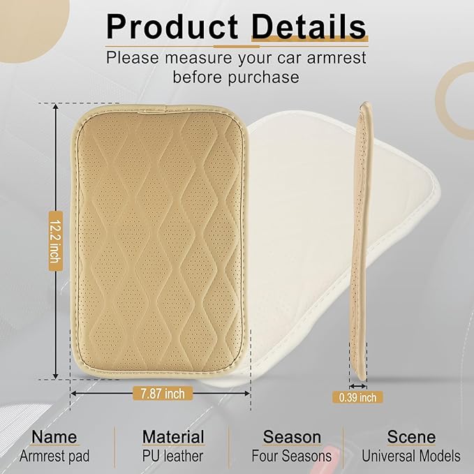 Amiss Auto Center Console Pad, Universal Waterproof Car Armrest Seat Box Cover, Car Interior Accessories, Breathable Leather Auto Armrest Cover Protector for Most Vehicle, SUV, Truck, Car (Beige)