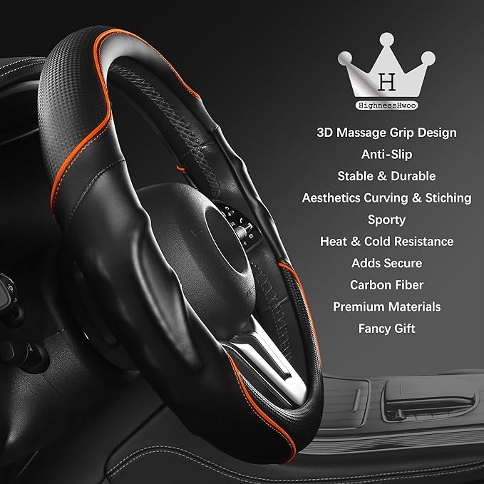 3D Car Steering Wheel Cover Comfort Grip Massage Sporty Anti-Slip Carbon Fiber Faux Leather for Sedan SUV, Universal Fit, Car Handle Covers for All Seasons, 14.75-15.15in, Orange