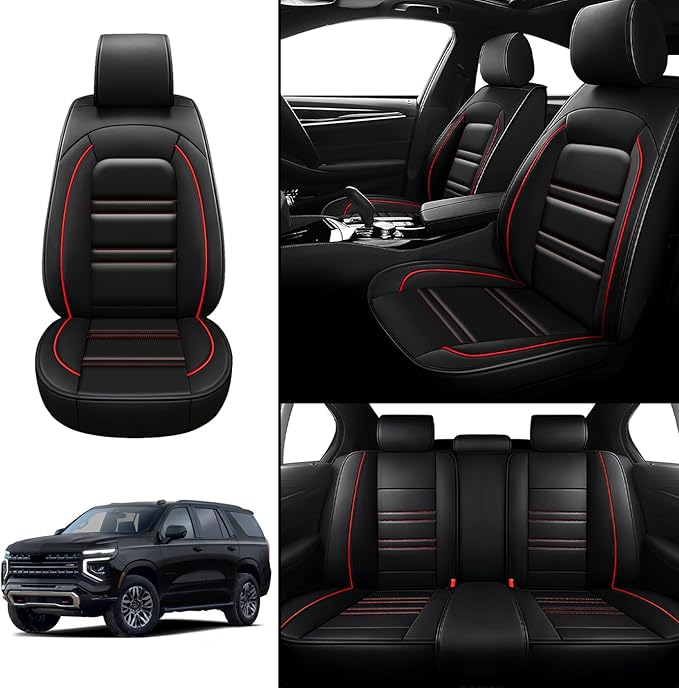 Seat Covers for Tahoe 1995-2025 | 5-Seats Leather Seat Covers, Easy to Install Automotive Seat Covers Full Set (Full Set, Black&Red Line)