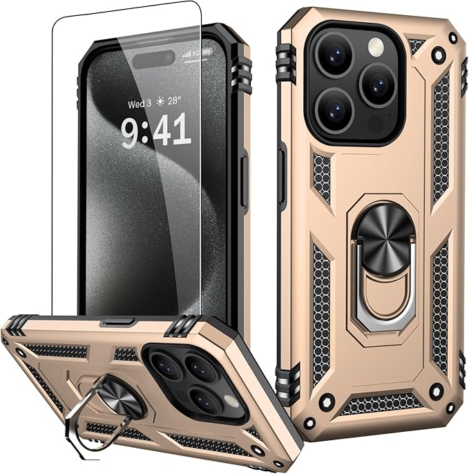 IKAZZ for iPhone 14 Pro Case 6.1 Inch with Screen Protector,Military Grade Shockproof Heavy Duty Protective Phone Cover Pass 16ft Drop Test with Magnetic Kickstand Car Mount Holder,Gold