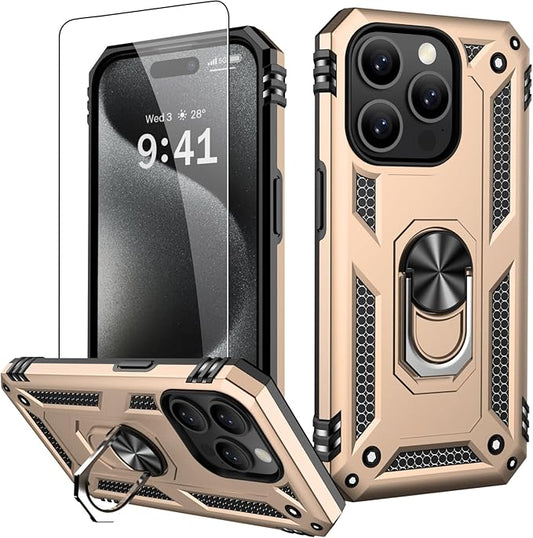 IKAZZ for iPhone 14 Pro Max Case 6.7 Inch with Screen Protector,Military Grade Shockproof Heavy Duty Protective Phone Cover Pass 16ft Drop Test with Magnetic Kickstand Car Mount Holder,Gold