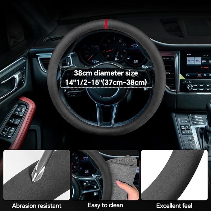 Alcantara Sports Steering Wheel Cover 14.5" to 15" Fit - Anti-Slip Comfort Grip, Durable Soft Suede-Feel Luxury Material for Men Drivers | Fits Sports Cars, Luxury Cars, Sedans, SUVs and EV