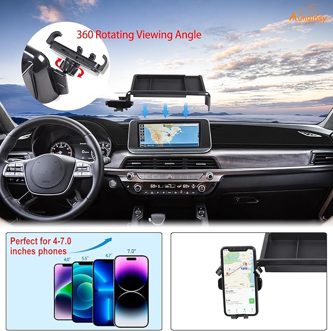 Aunginsy Center Console Dash Storage Tray with Phone Holder - Compatible with Kia Telluride 2020-2022 Dashboard Storage Box Organizer Mobile Phone Mount Bracket Interior Accessories