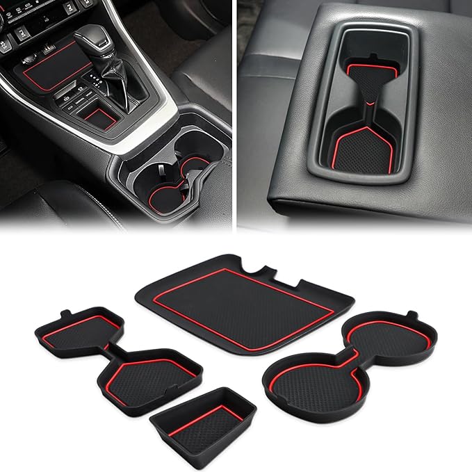 Auovo 3D Cup Holder Insert Liners Compatible with Toyota RAV4 Accessories 2025 2024 2023 2022 2021 2020 2019 Car Custom Cup Holder Mats Pads 4-pc Set (Red Trim)