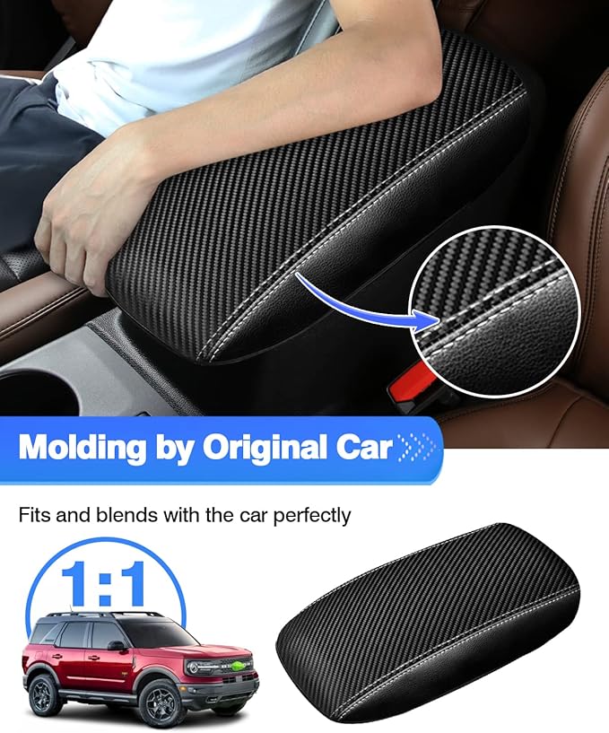 Autorder Center Console Cover for Ford Bronco Sport 2021-2024 2025/Escape 2020-2024 2025 Accessories Carbon Fiber Armrest Cover Anti-Scratch Middle Console Pad Leather Armrest Protector