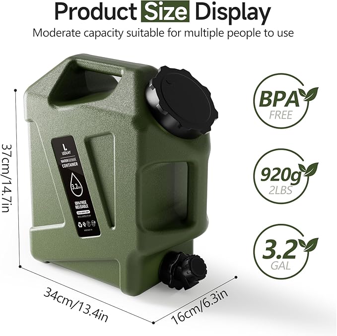 3.2GAL Camping Water Jug, Portable Water Storage Container with Spigot, Leak-Proof Lid & Dual Handles, Outdoor Water Tank for Camping, RV, Emergency Preparedness