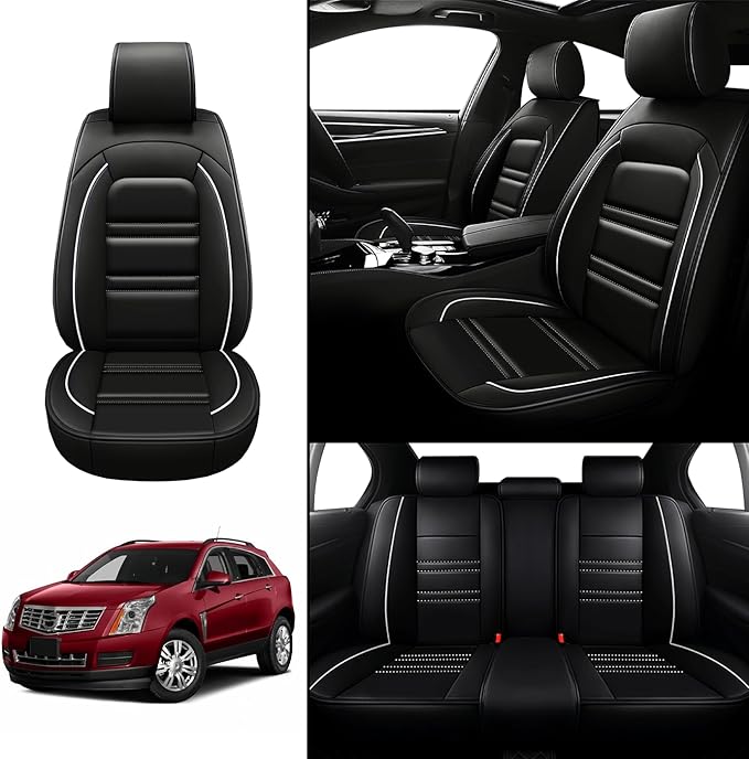 Seat Covers for Cadillac SRX 2004-2016 | 5-Seats Leather Seat Covers, Easy to Install Automotive Seat Covers Full Set (Full Set, Black&White Line)