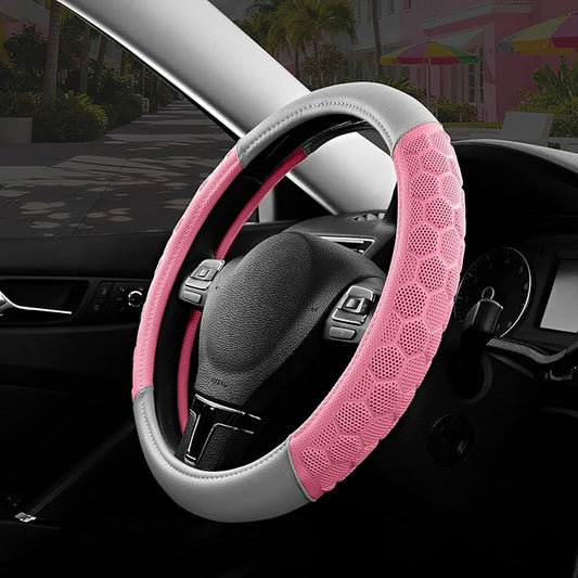 PIC AUTO Massage Steering Wheel Cover, Pink Football Pattern Material Spliced & Gray Leather Car Steering Wheel Cover, Car Steering Cover, Universal Fit 14.5"-15.5" for Cars, Trucks, Van, SUVs