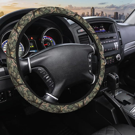 Wood Camo Steering Wheel Covers Green Brown Wood Fall Camouflage Car Wheel Cover 15 Inch Steering Wheel Cover Car Steering Wheel Protective Cover Steering Wheel Cover with Grip