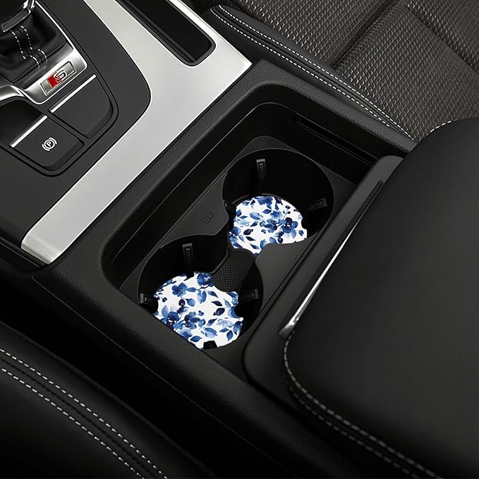 Watercolor Blue Flowers Steering Wheel Cover for Women Men,Anti-Slip Breathable Car Steering Wheel Cover Elastic Protection with 2 Pieces Car Coasters,Universal 15" Fit Auto,Suvs,Truck