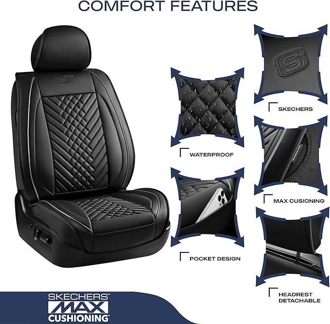Skechers MAX Cushioning Car Seat Covers,Memory Foam Piping Leather Seat Covers,Waterproof Car Seat Protector Full Set,Car Seat Cushion Airbag Universal Fit for Most Cars,Vans,Trucks,SUV,Grey