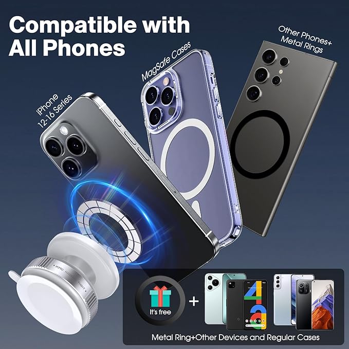 360° Rotatable Vacuum Magnetic Phone Holder, Adjustable Hands-Free Suction Cup Car Phone Mount for Car/Gym/Mirror/Smooth Surface, Compatible with iPhone Android and All Smartphones (White)