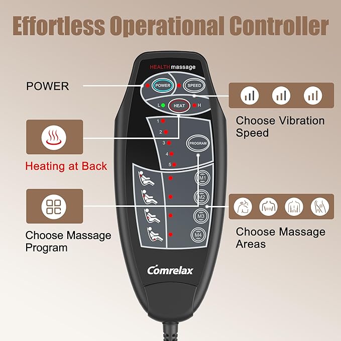 Portable Back Massager with Heat & Vibration - Deep Tissue Pain Relief for Shoulder, Back, Lower Back and Thighs - Office Chair Massage Pad, Ideal Gift for Men and Women