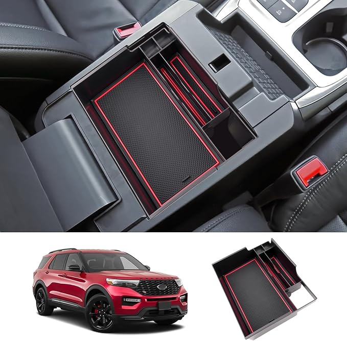 LUWU for Ford Explorer Accessories Center Console Organizer 2020-2024 Ford Explorer XLT/Limited/Active/ST-Line/ST/Platinum Armrest Organizer Insert Tray Ford Explorer Armrest Console Organizer (Red)