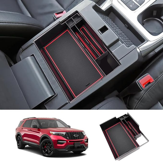 LUWU for Ford Explorer Accessories Center Console Organizer 2020-2024 Ford Explorer XLT/Limited/Active/ST-Line/ST/Platinum Armrest Organizer Insert Tray Ford Explorer Armrest Console Organizer (Red)